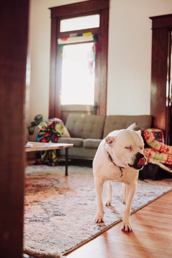 White dog content in a cozy living room with warm decor and sunlight.